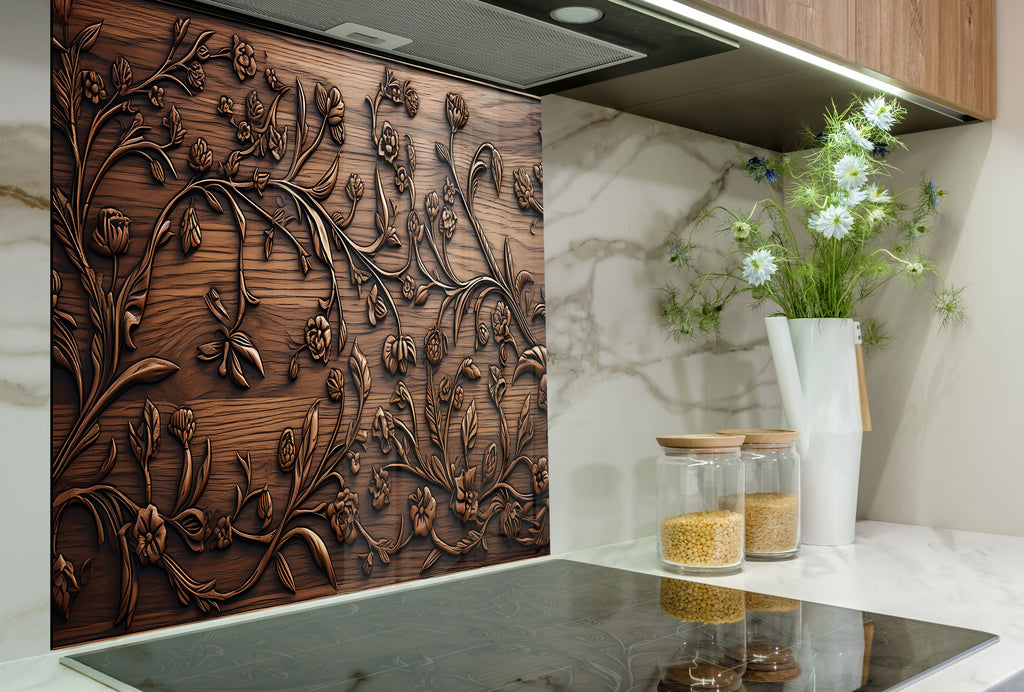 Rustic Elegance: Engraved Floral - Glass Kitchen Backsplash-BacksplashArtworks