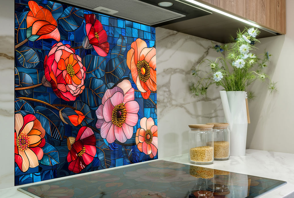 Stained Glass Floral Art - Glass Kitchen Backsplash-BacksplashArtworks
