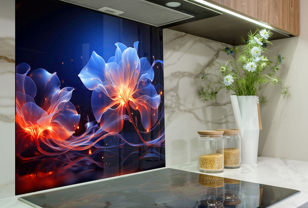 Glowing Neon Floral Art - Glass Kitchen Backsplash-BacksplashArtworks