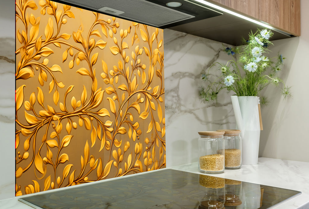 Golden Vine Elegance - Glass Kitchen Backsplash-BacksplashArtworks