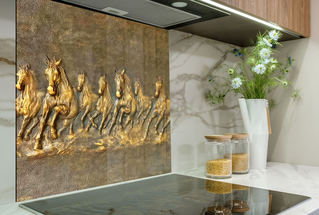Golden Horses - Glass Kitchen Backsplash-BacksplashArtworks