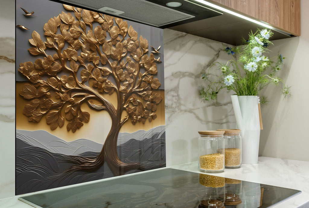 Golden Tree of Life - Glass Kitchen Backsplash-BacksplashArtworks