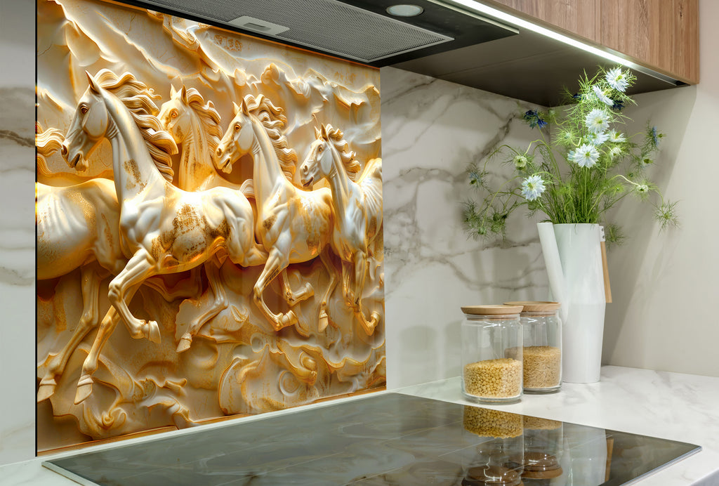 Golden Stallion Majesty - Embossed Glass Kitchen Backsplash-BacksplashArtworks
