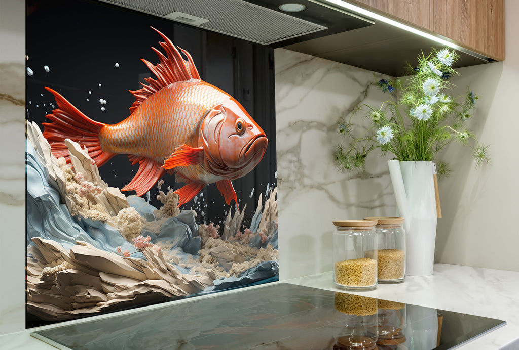 Golden Fish – Glass Kitchen Backsplash-BacksplashArtworks