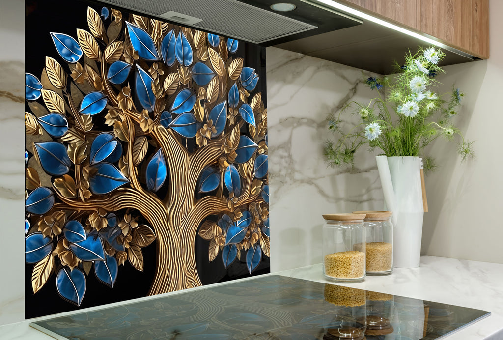 Golden Sapphire Tree - Glass Kitchen Backsplash-BacksplashArtworks