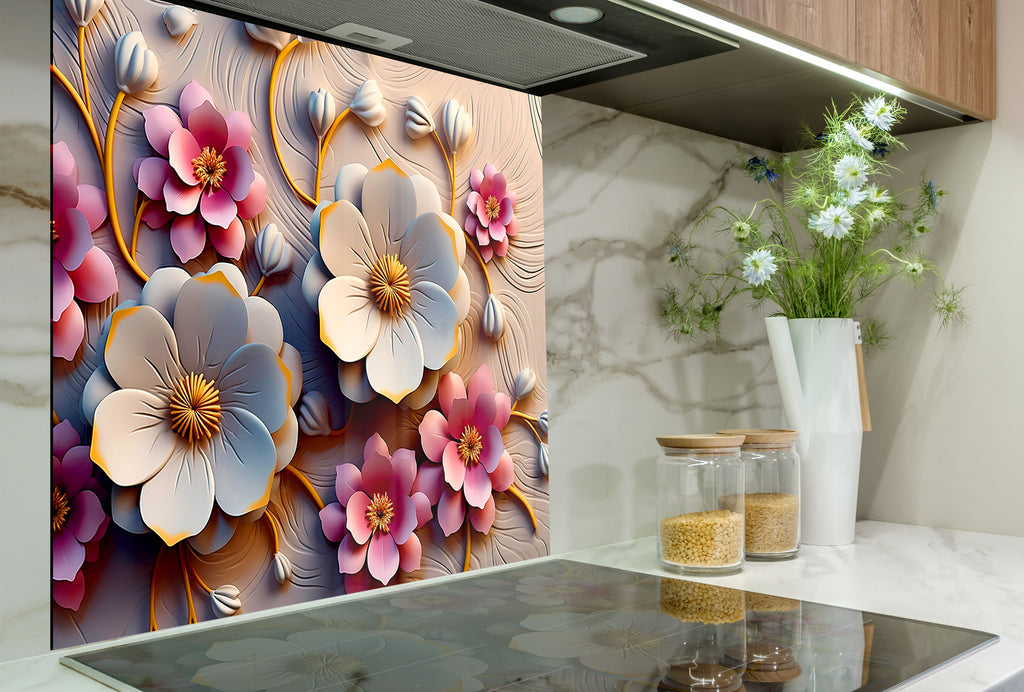Soft Bloom Elegance - Glass Kitchen Backsplash-BacksplashArtworks