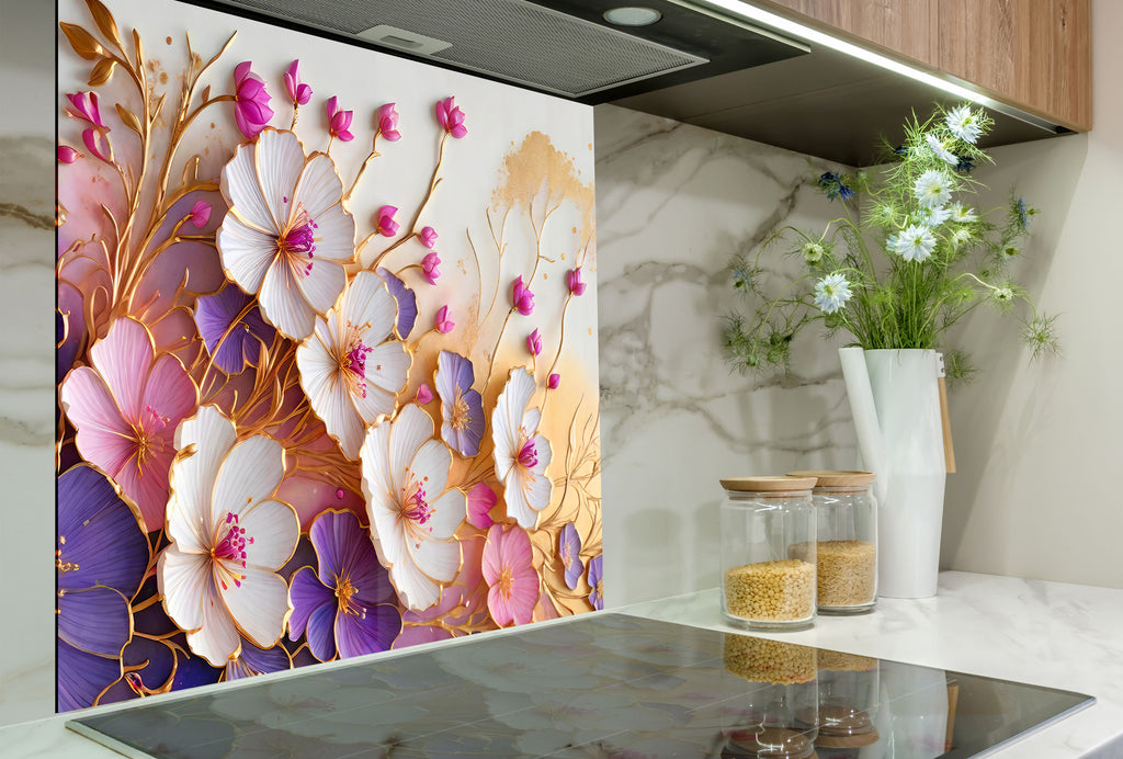Golden Blossom Elegance - Glass Kitchen Backsplash-BacksplashArtworks