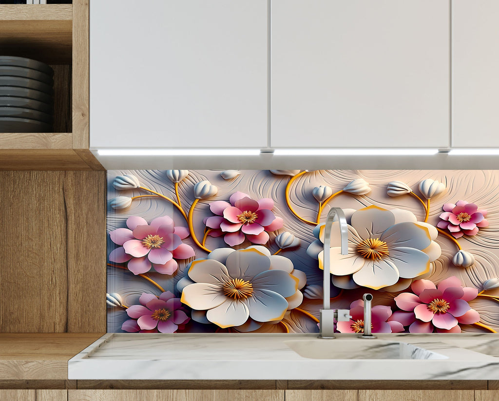 Blush & Ivory Floral Elegance - Glass Kitchen Backsplash-BacksplashArtworks