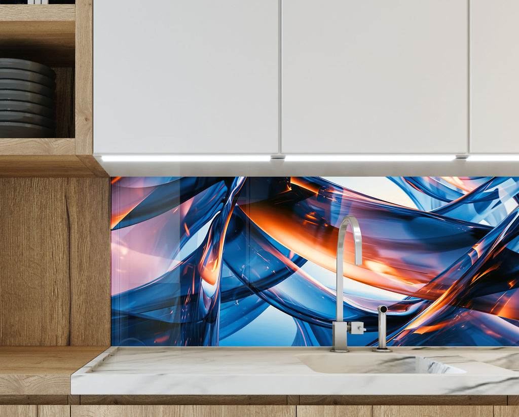 Blue Abstract Elegance – Glass Kitchen Backsplash-BacksplashArtworks