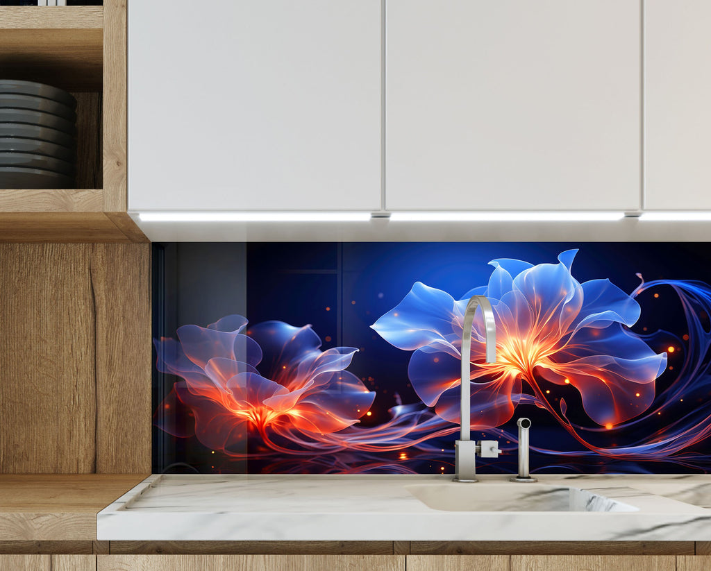 Glowing Neon Floral Art - Glass Kitchen Backsplash-BacksplashArtworks