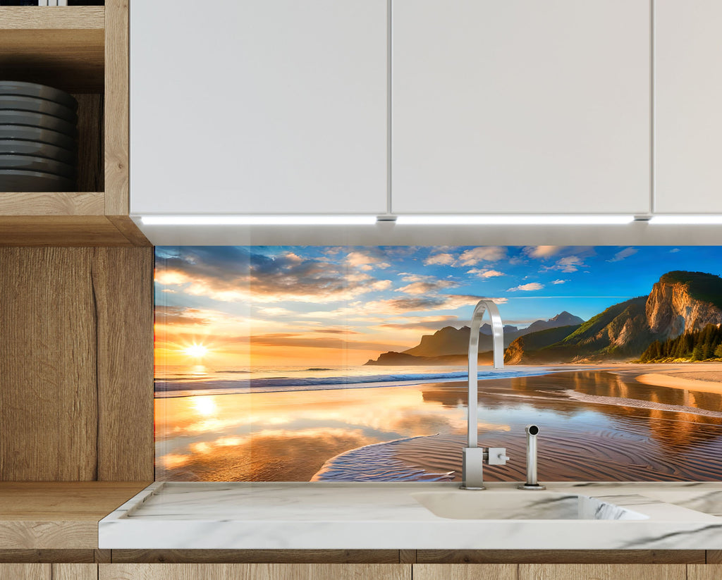 Majestic Mountain Beach Sunset Wall Art – Tempered Glass Kitchen Backsplash-BacksplashArtworks