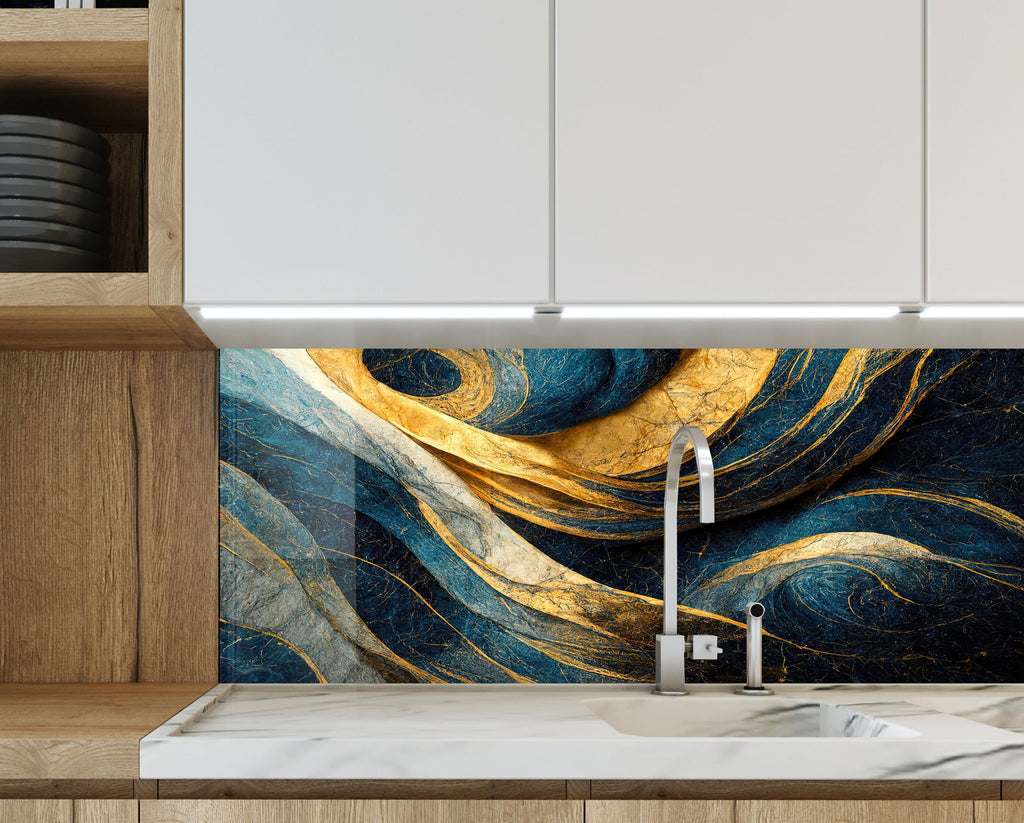 Navy & Gold Swirl - Glass Kitchen Backsplash-BacksplashArtworks