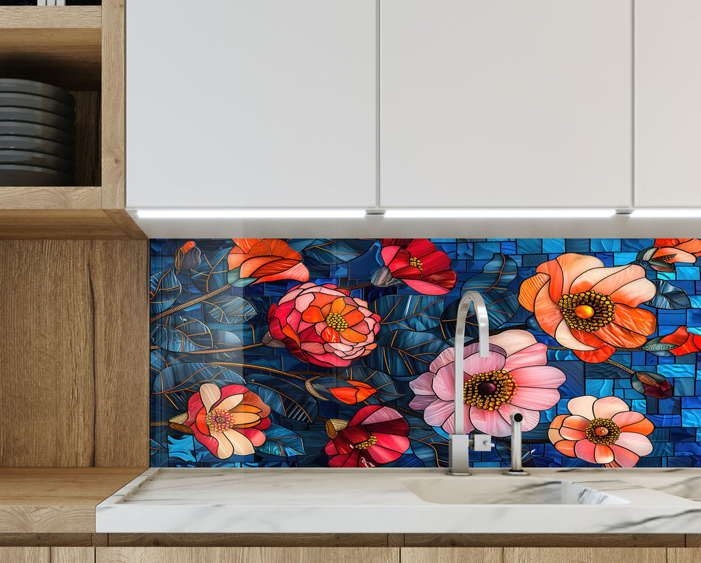 Stained Glass Floral Art - Glass Kitchen Backsplash-BacksplashArtworks