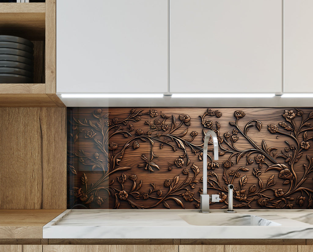 Rustic Elegance: Engraved Floral - Glass Kitchen Backsplash-BacksplashArtworks