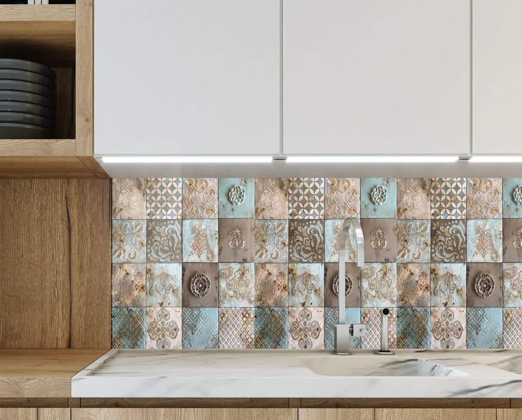 Tempered Glass Kitchen Backsplash with Vintage Tile Design and Gas Stove-BacksplashArtworks