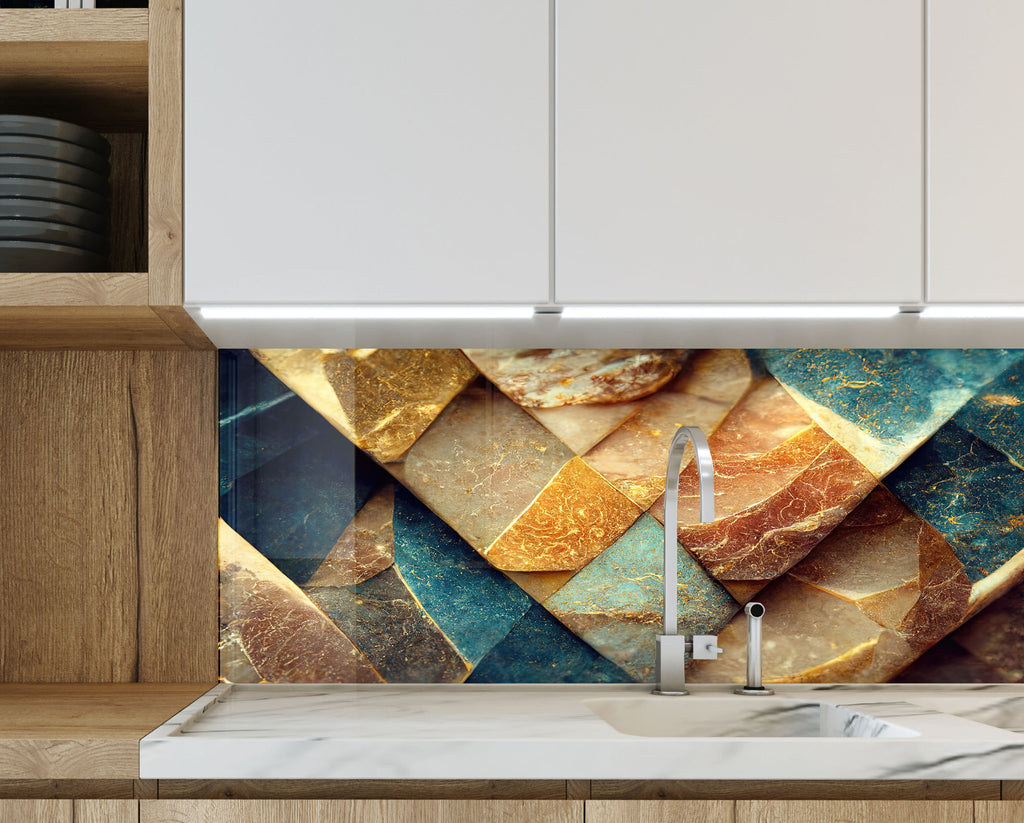 Golden Marble Elegance – Luxurious - Glass Kitchen Backsplash-BacksplashArtworks