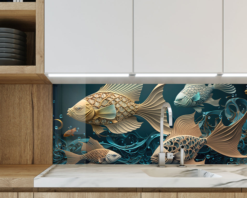 Gold & Blue Fish – Glass Kitchen Backsplash-BacksplashArtworks