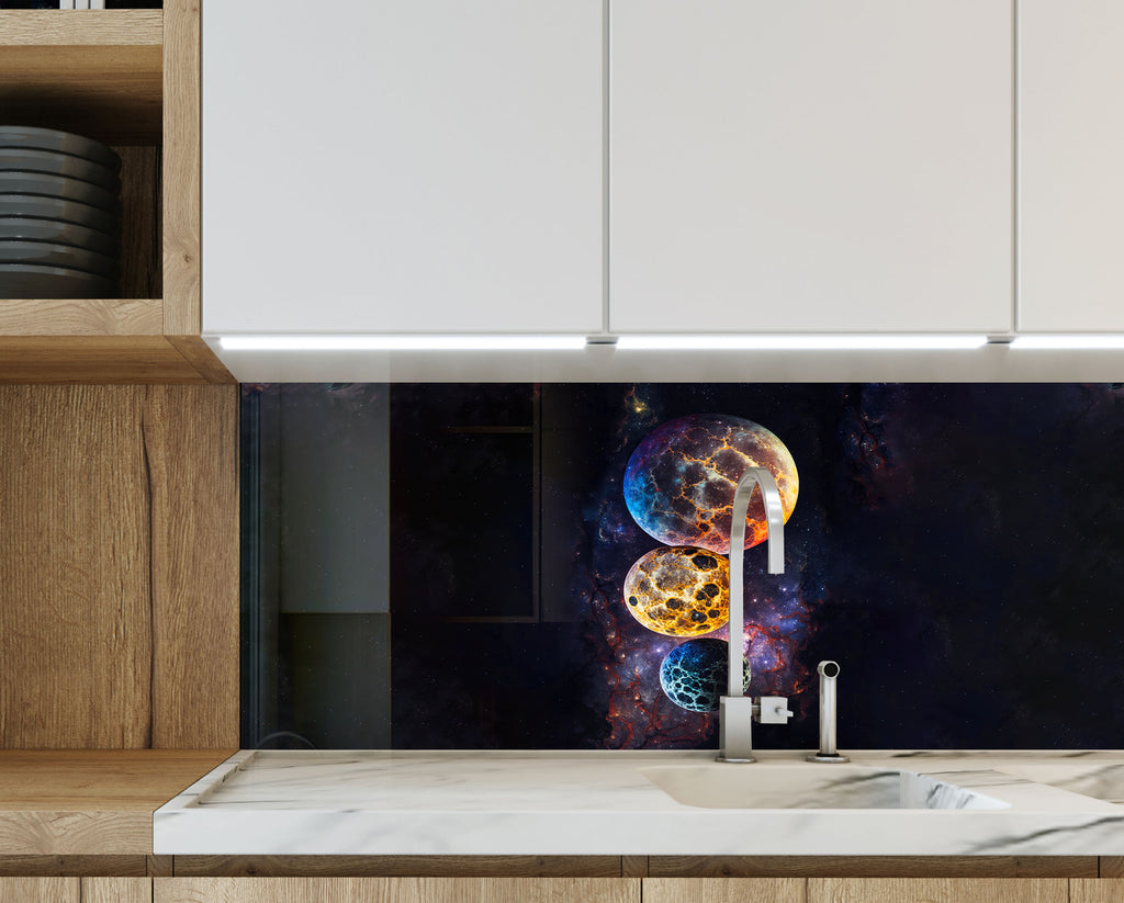 Cosmic Fire Planets Wall Art - Tempered Glass Kitchen Backsplash-BacksplashArtworks