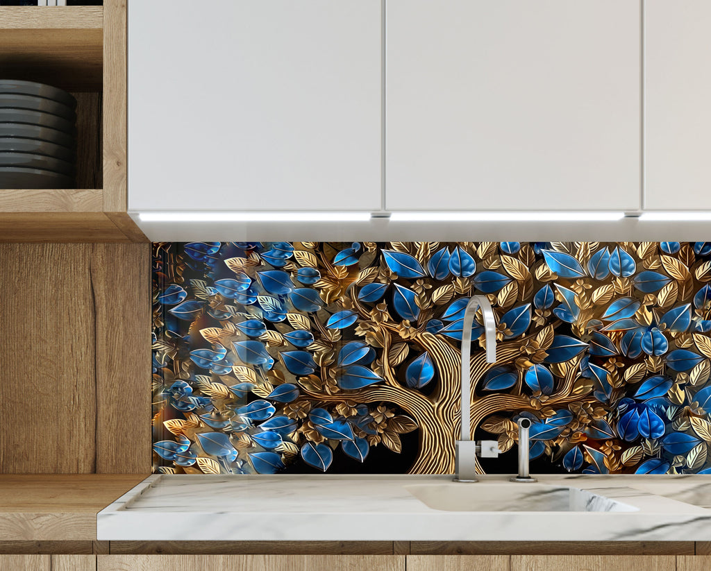 Golden Sapphire Tree - Glass Kitchen Backsplash-BacksplashArtworks