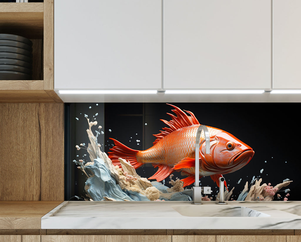 Golden Fish – Glass Kitchen Backsplash-BacksplashArtworks