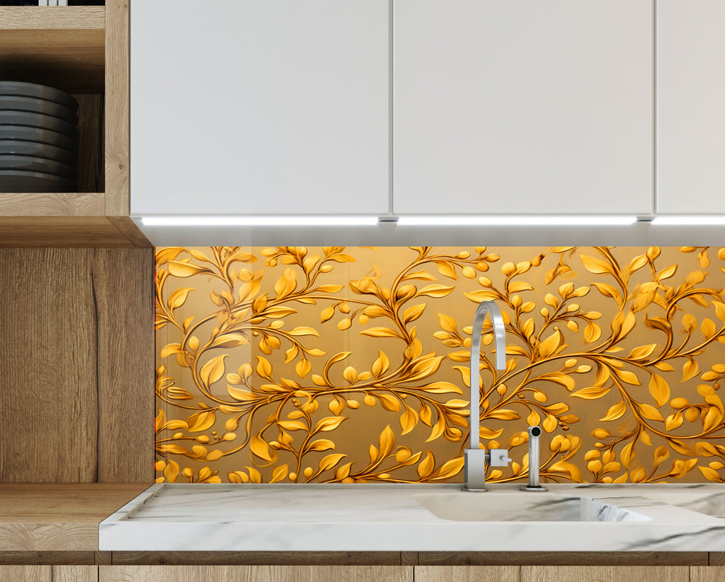 Golden Vine Elegance - Glass Kitchen Backsplash-BacksplashArtworks