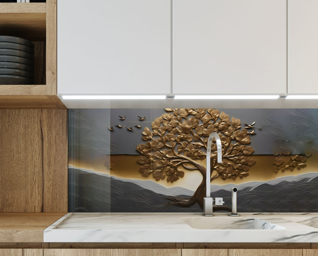 Golden Tree of Life - Glass Kitchen Backsplash-BacksplashArtworks