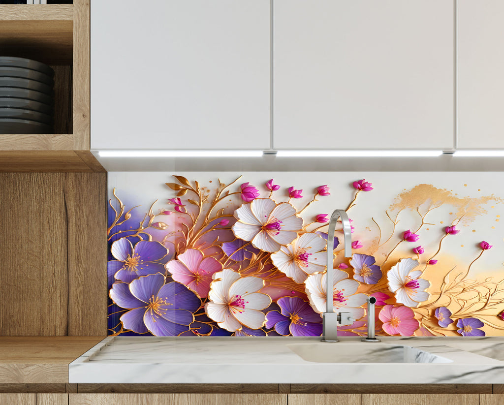 Golden Blossom Elegance - Glass Kitchen Backsplash-BacksplashArtworks
