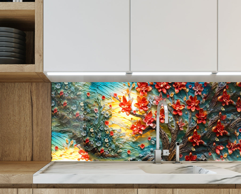 Blossoming Sunrise Tree - Glass Kitchen Backsplash-BacksplashArtworks