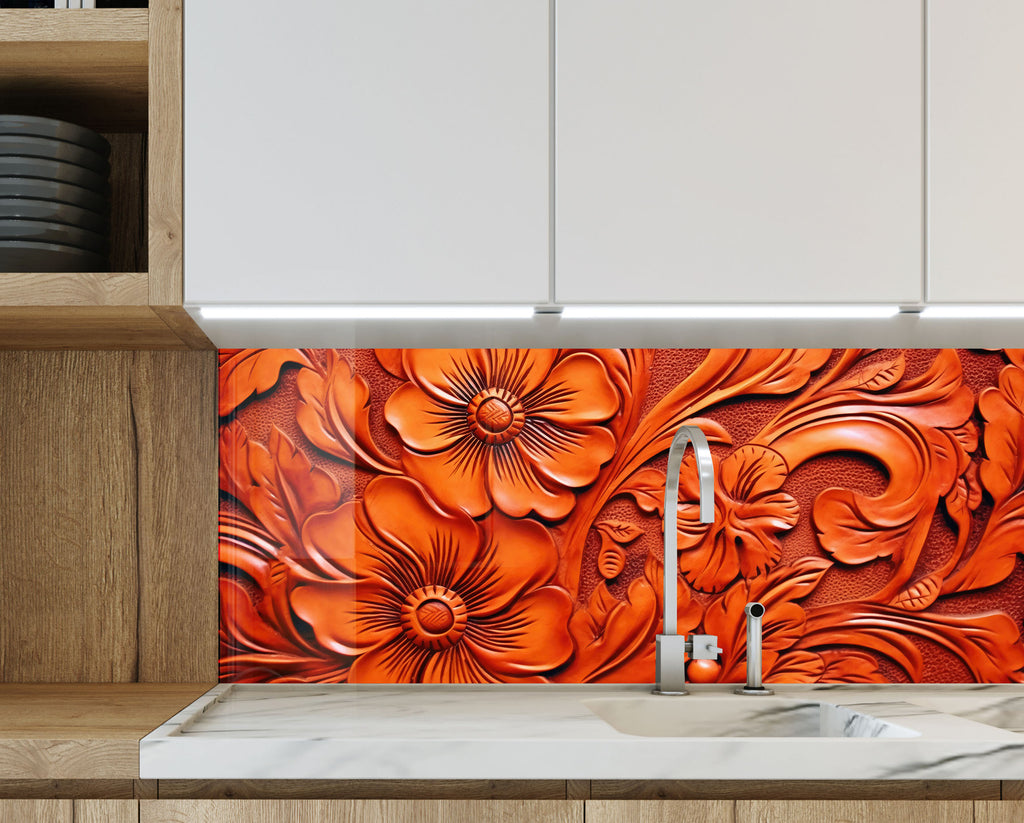 Fiery Floral Engraving - Glass Kitchen Backsplash-BacksplashArtworks