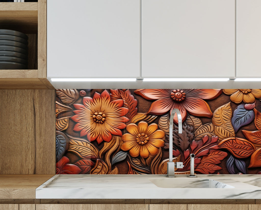Autumn Blossom Engraved - Glass Kitchen Backsplash-BacksplashArtworks
