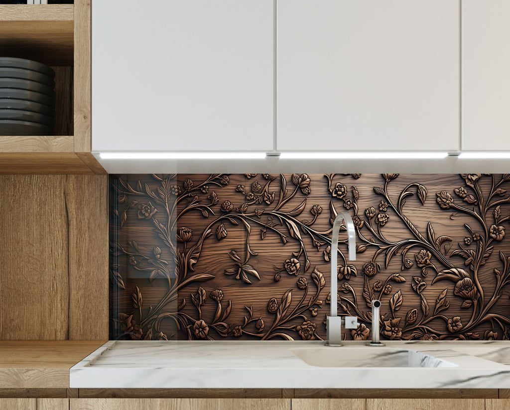 Ornate Floral Elegance - Copper-Toned Glass Kitchen Backsplash-BacksplashArtworks