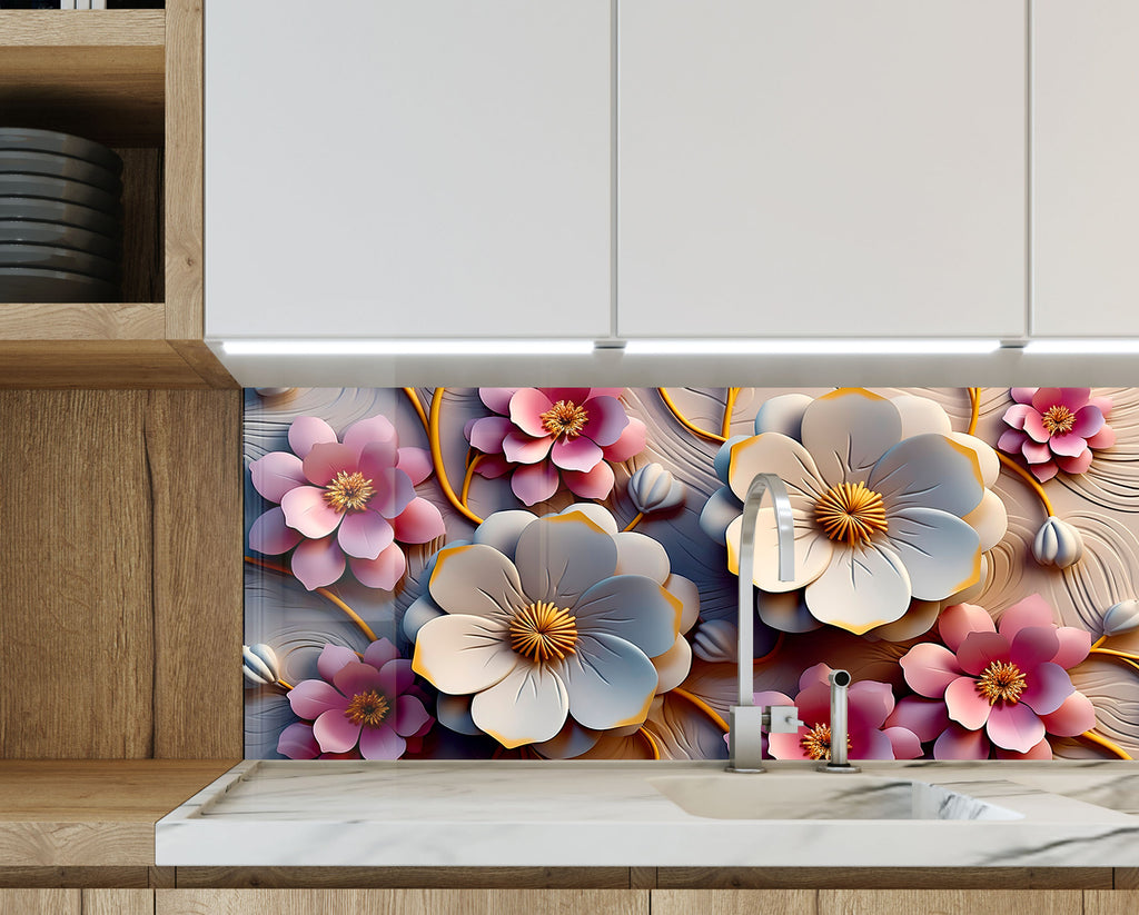 Soft Bloom Elegance - Glass Kitchen Backsplash-BacksplashArtworks
