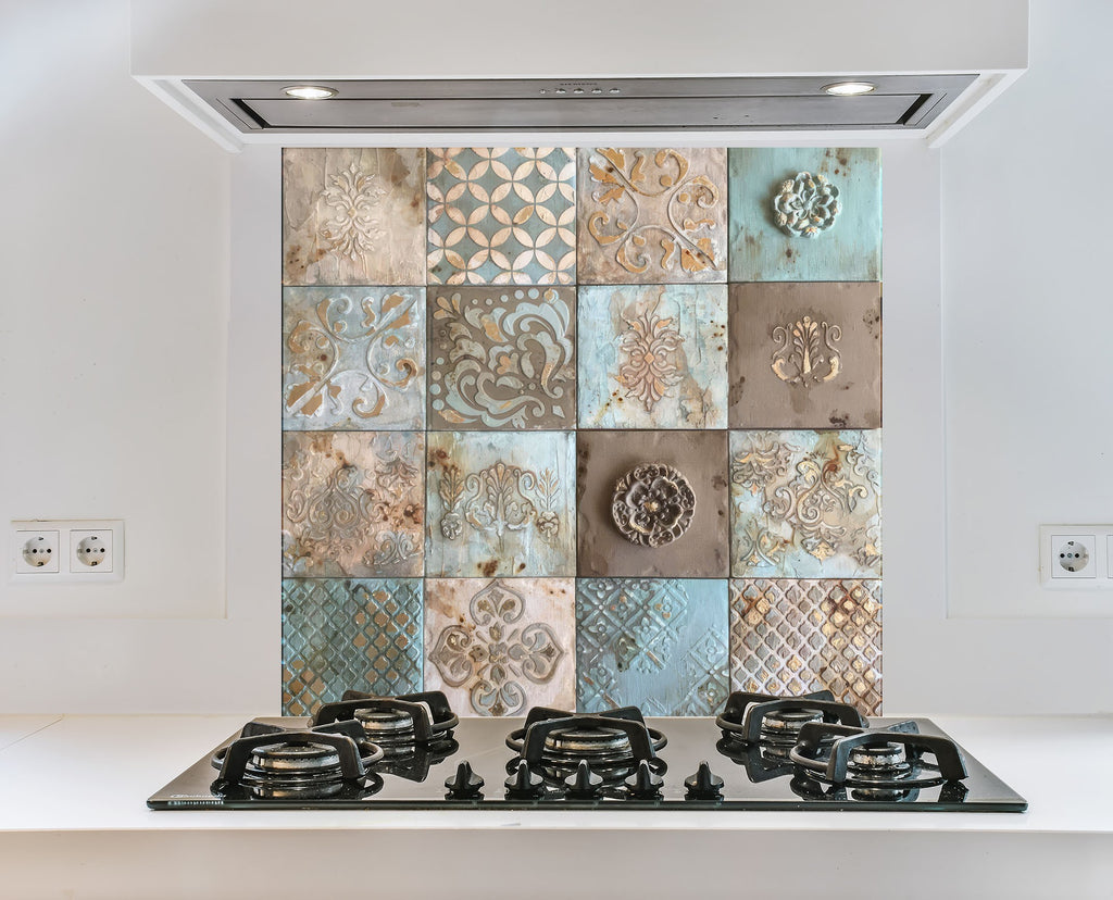 Tempered Glass Kitchen Backsplash with Vintage Tile Design and Gas Stove-BacksplashArtworks
