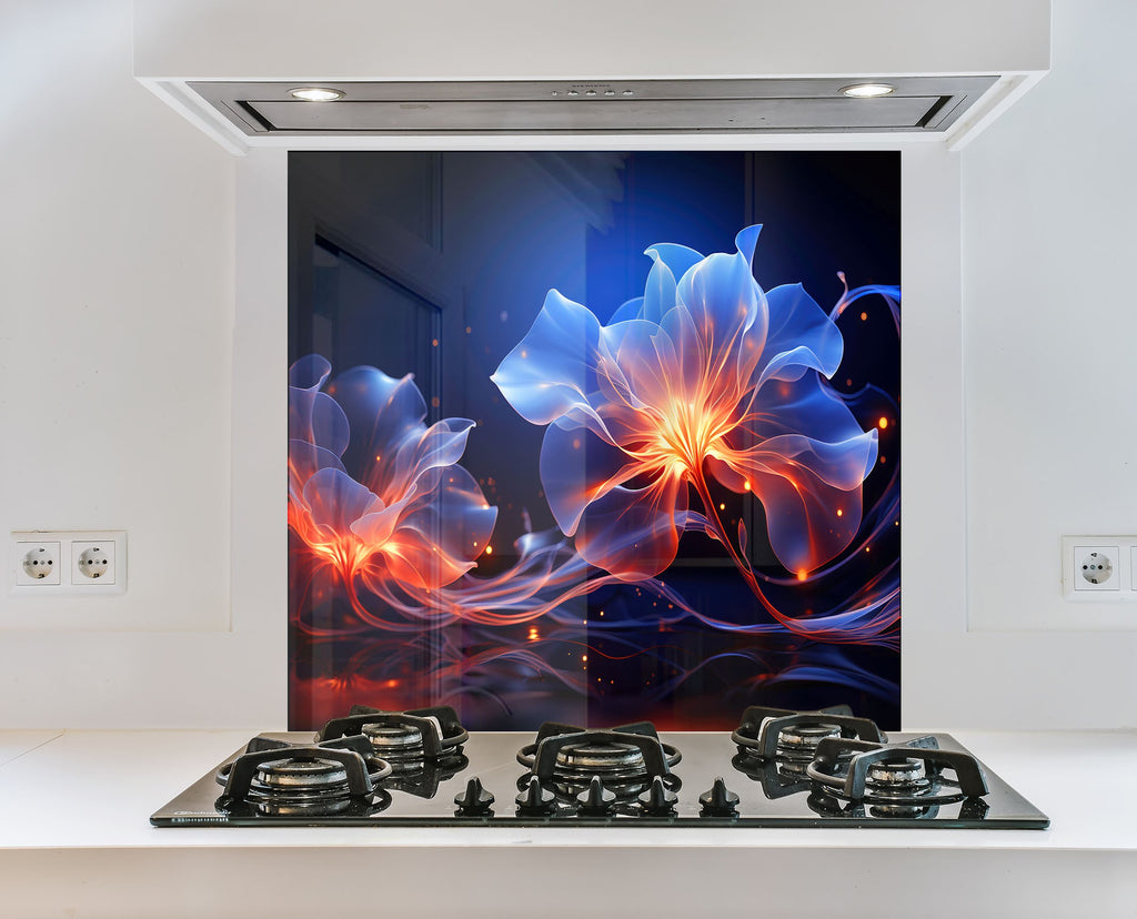 Glowing Neon Floral Art - Glass Kitchen Backsplash-BacksplashArtworks