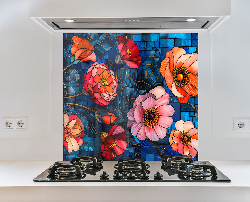 Stained Glass Floral Art - Glass Kitchen Backsplash-BacksplashArtworks