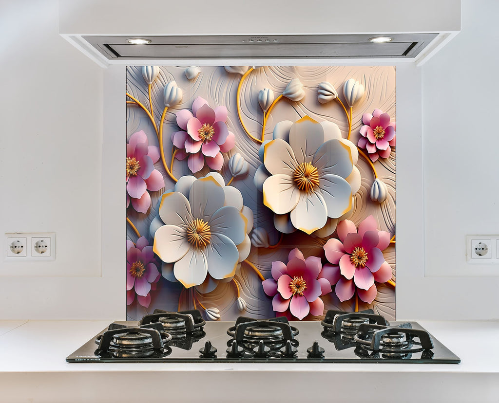 Blush & Ivory Floral Elegance - Glass Kitchen Backsplash-BacksplashArtworks