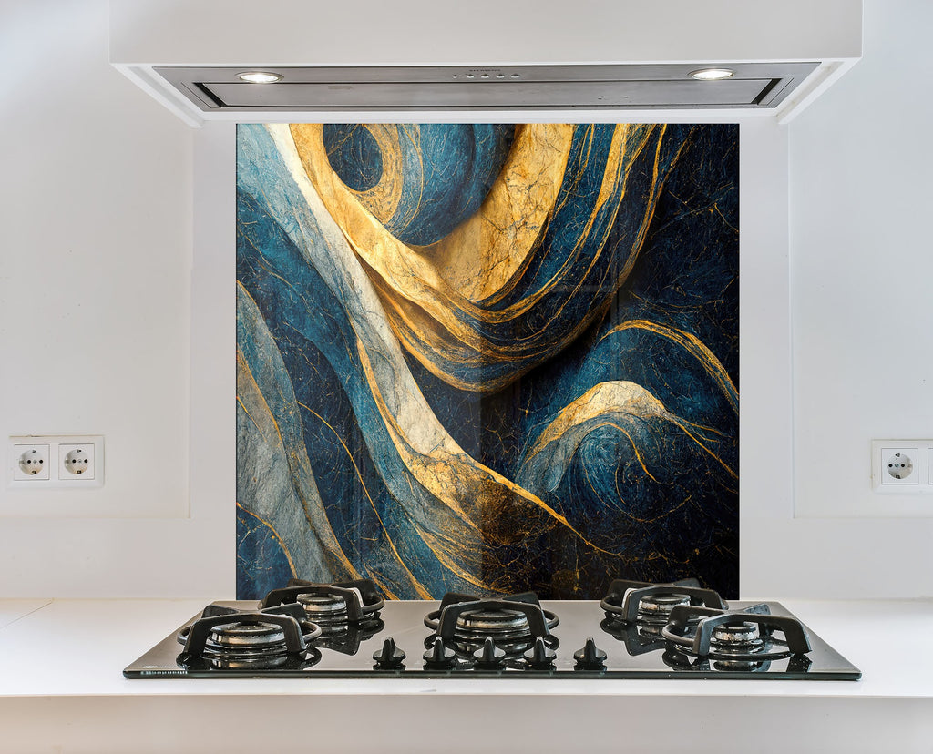 Navy & Gold Swirl - Glass Kitchen Backsplash-BacksplashArtworks