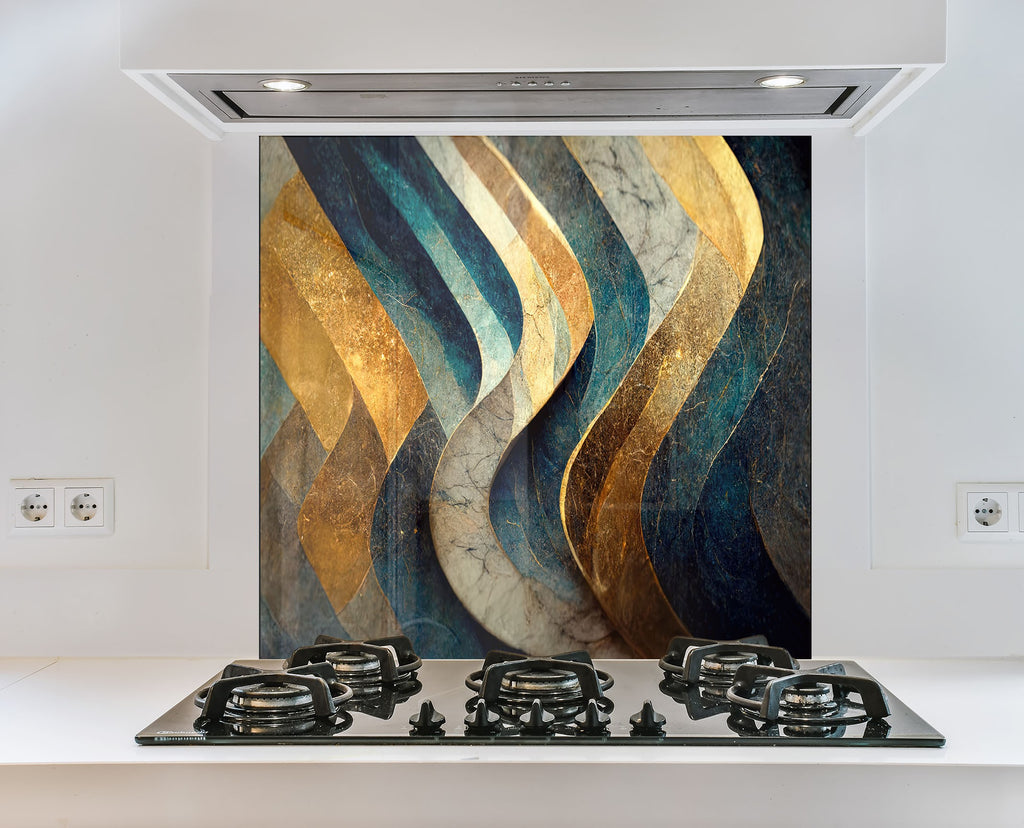 Elegant Navy & Gold - Glass Kitchen Backsplash-BacksplashArtworks