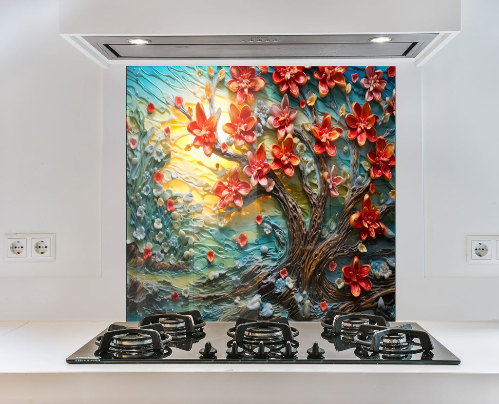Blossoming Sunrise Tree - Glass Kitchen Backsplash-BacksplashArtworks