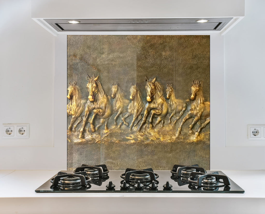 Golden Horses - Glass Kitchen Backsplash-BacksplashArtworks