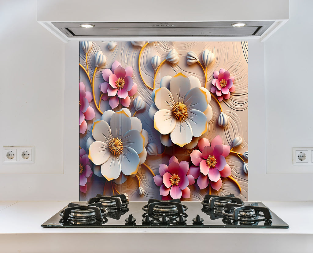 Soft Bloom Elegance - Glass Kitchen Backsplash-BacksplashArtworks