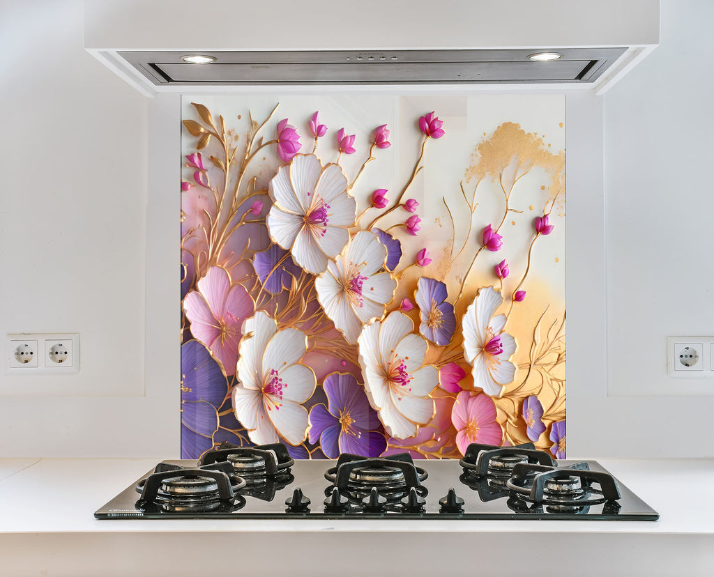 Golden Blossom Elegance - Glass Kitchen Backsplash-BacksplashArtworks