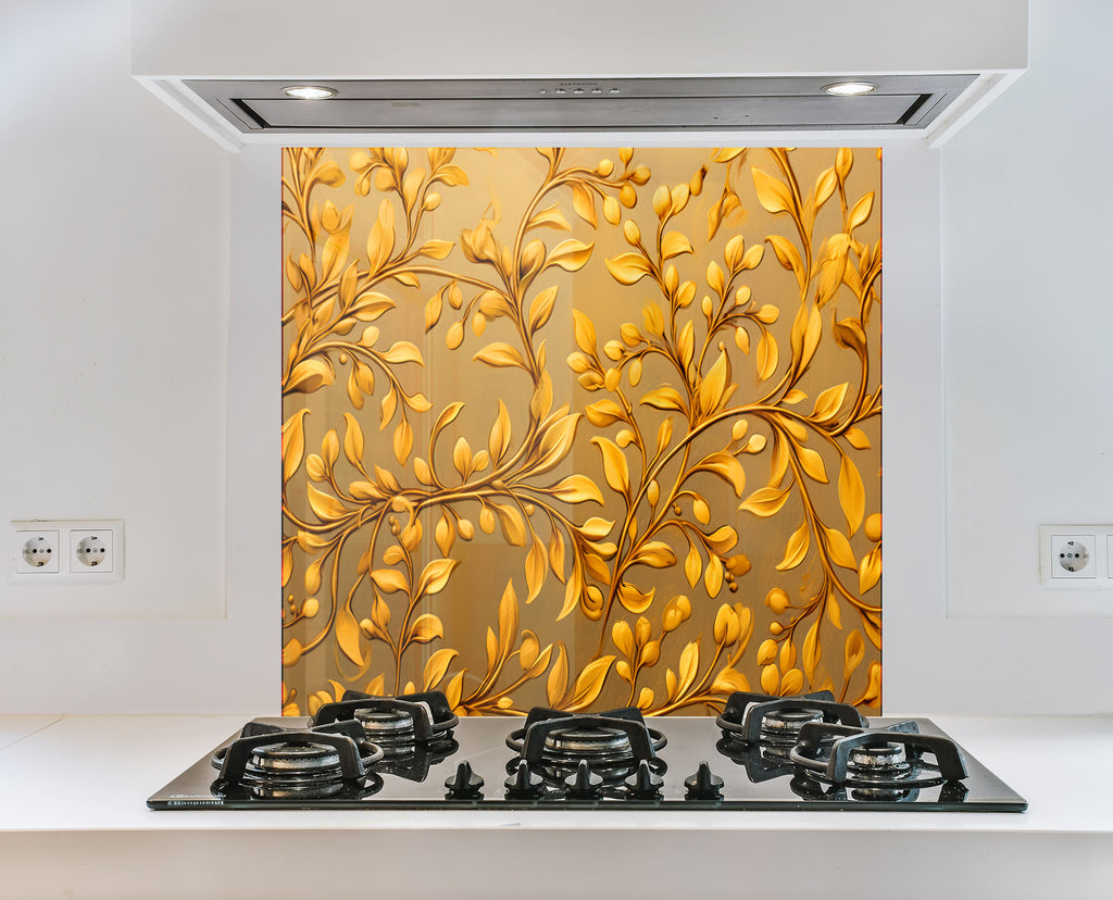 Golden Vine Elegance - Glass Kitchen Backsplash-BacksplashArtworks