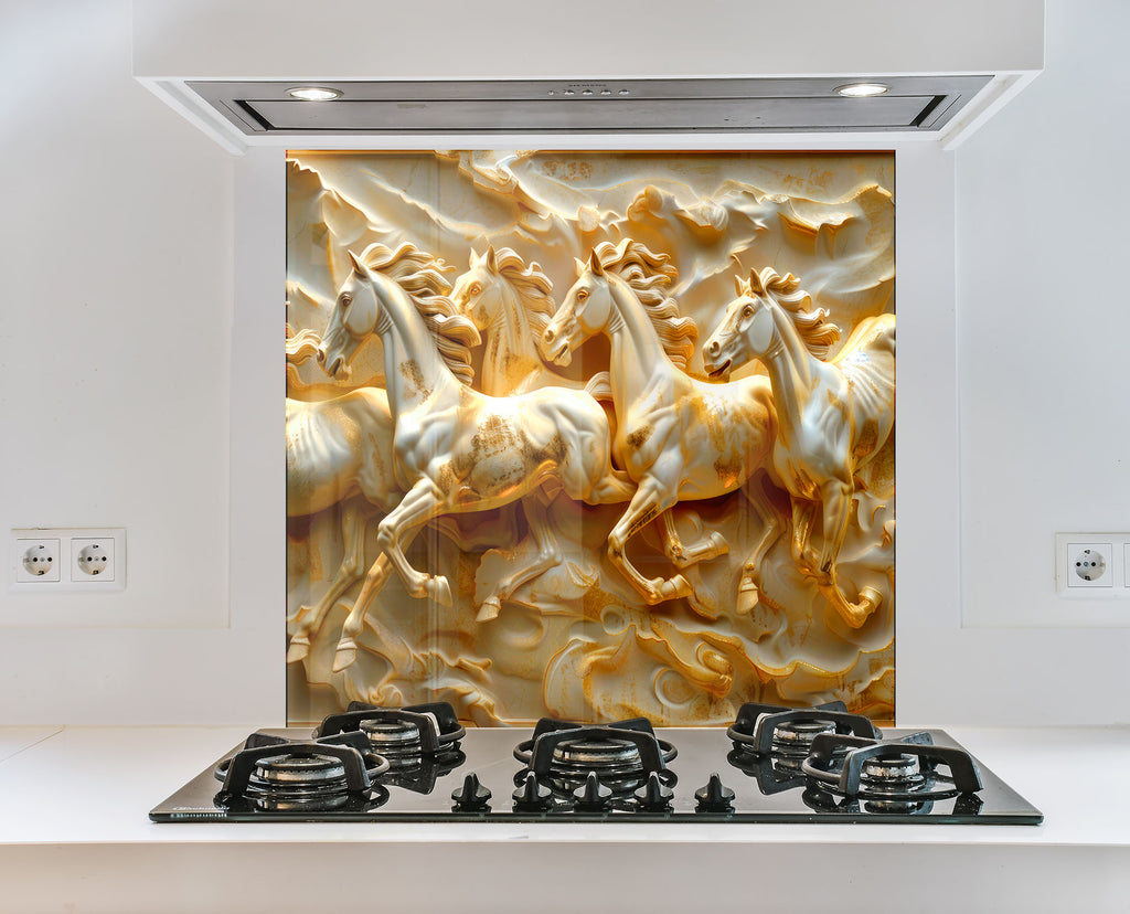 Golden Stallion Majesty - Embossed Glass Kitchen Backsplash-BacksplashArtworks