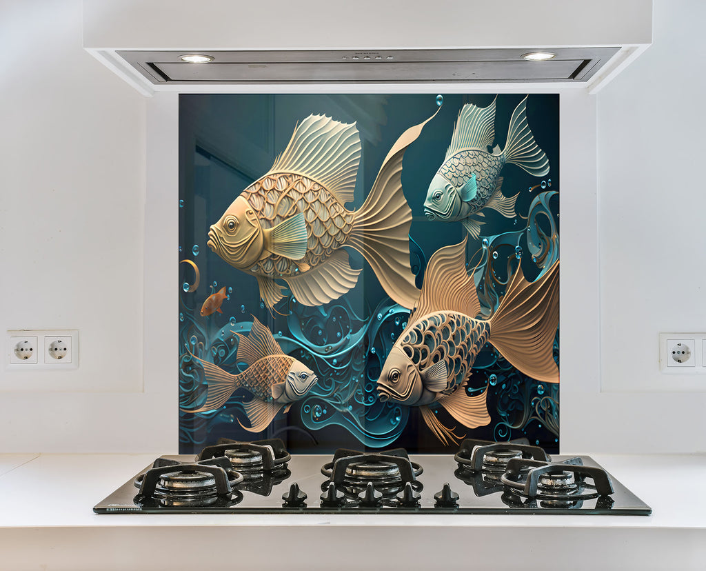 Gold & Blue Fish – Glass Kitchen Backsplash-BacksplashArtworks