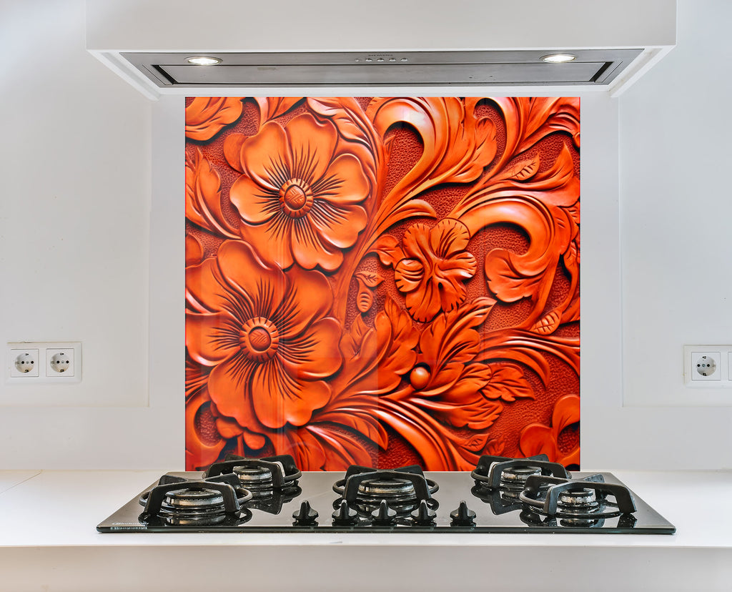 Fiery Floral Engraving - Glass Kitchen Backsplash-BacksplashArtworks