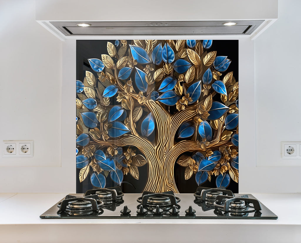 Golden Sapphire Tree - Glass Kitchen Backsplash-BacksplashArtworks