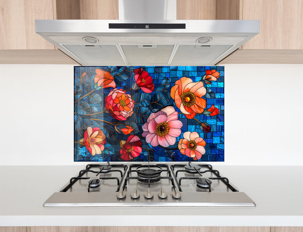 Stained Glass Floral Art - Glass Kitchen Backsplash-BacksplashArtworks