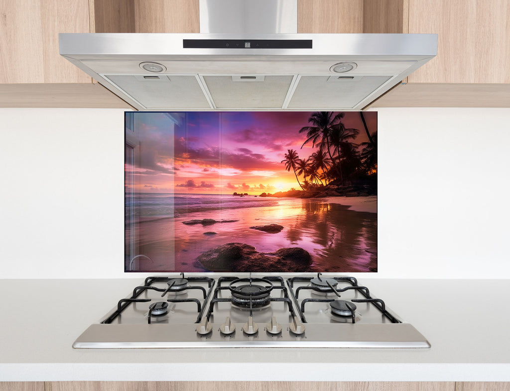 Tropical Sunset Beach Wall Art – Tempered Glass Kitchen Backsplash-BacksplashArtworks