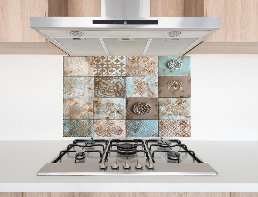 Tempered Glass Kitchen Backsplash with Vintage Tile Design and Gas Stove-BacksplashArtworks
